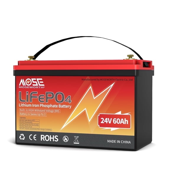 24V 60Ah LiFePO4 Lithium Battery,MOSEWORTH for RV,Solar,Trolling Motor,Marine,Backup Power,60A BMS,Deep Cycles Battery