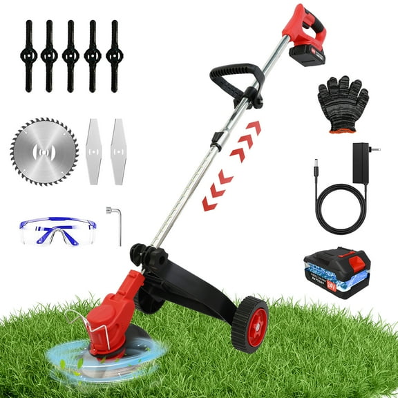 24V 650W Electric Grass Trimmer Cordless , Battery Weed Eater, Electric Weed Wacker, Lawn Mower Cordless Pruning Cutter Weed Wacker Garden Trimming Tool, Red
