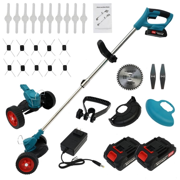 24V 650W Electric Grass Trimmer Cordless W/2 Batteries, Lawn Mower Cordless Pruning Cutter Weed Wacker Garden Trimming Tool