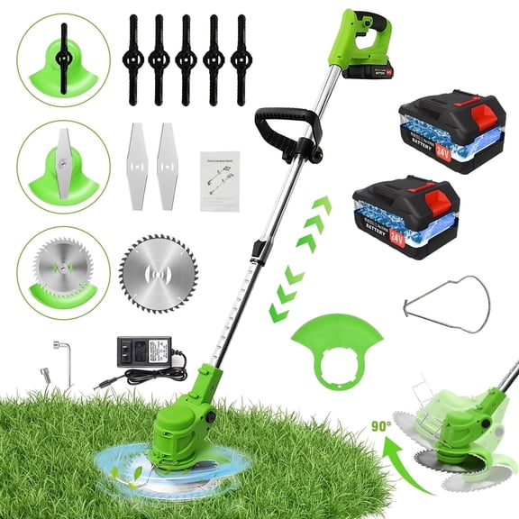 24V 650W Lawn Mover Electric Grass Trimmer Cordless W/2 Batteries, Battery Weed Eater, Electric Weed Wacker, Lawn Mower Cordless Pruning Cutter Weed Wacker Garden Trimming Tool
