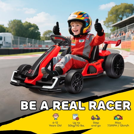 24V 7.5 MPH Electric Go Kart with Adjustable Seat, Drifting Car Battery Powered Ride on Toy Outdoor with Slow Start, Button Start, Music, Honking Horn, Lights, for 6-12 Years Old, Red