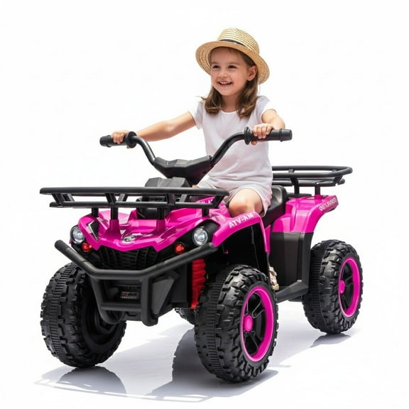 24V 80W*2 Kids Ride On ATV Cars, Ride on Toys with Front and Rear Storage Racks, Electric Car for kids with Crash Bars, Toddler Car with Bluetooth, MP3 Music Playback for Boys Girls 3-5, Pink