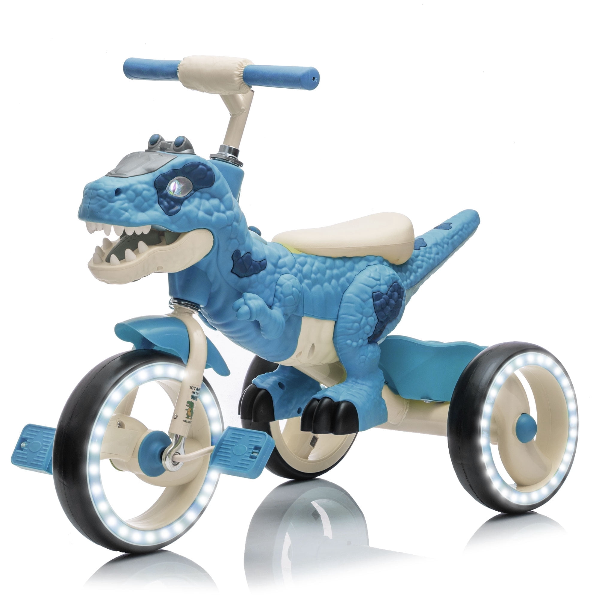 Xuanlur Kids Ride on Dinosaur Tricycle, Toddlers Kid Trike with EVA Wide Flash Wheels, Anti-Slip Pedals, Rear Basket, Music & LED Lights, Toddler Bike Toys Gift for 3-6 Year Old Boys & Girls (Blue)