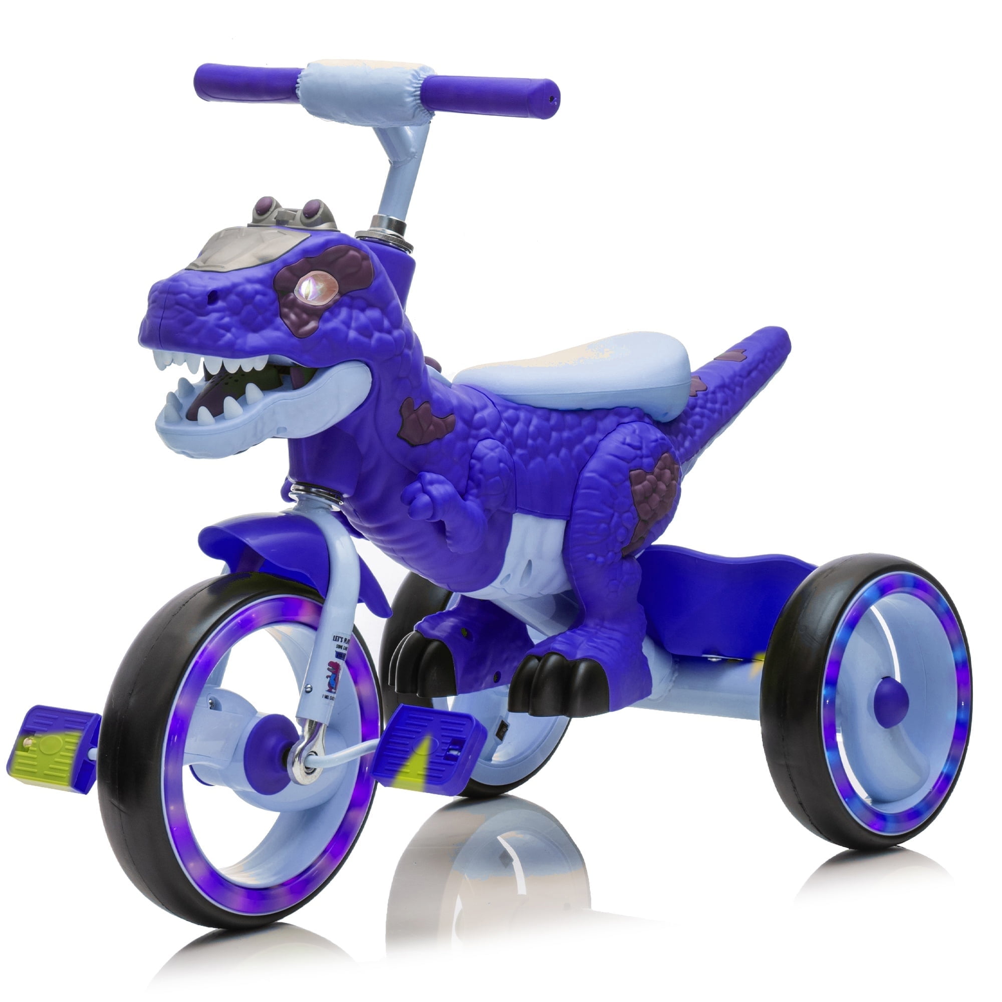 Xuanlur Kids Ride on Dinosaur Tricycle, Toddlers Kid Trike with EVA Wide Flash Wheels, Anti-Slip Pedals, Rear Basket, Music & LED Lights, Toddler Bike Toys Gift for 3-6 Year Old Boys & Girls (Purple)