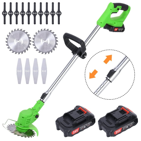 24V Cordless Electric Weed Eater with 3 Types of Saw Blades and 2 Battery, Portable Electric Adjustable Lawn Trimmer for Garden Clearing Weeds Flower Trees