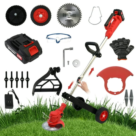 24V Cordless Electric Weed Eater: 4-in-1 Lawn Trimmer, Wheel Edger, Mini Mower & Brush Cutter with Blades & String Trimmer for Garden & Yard