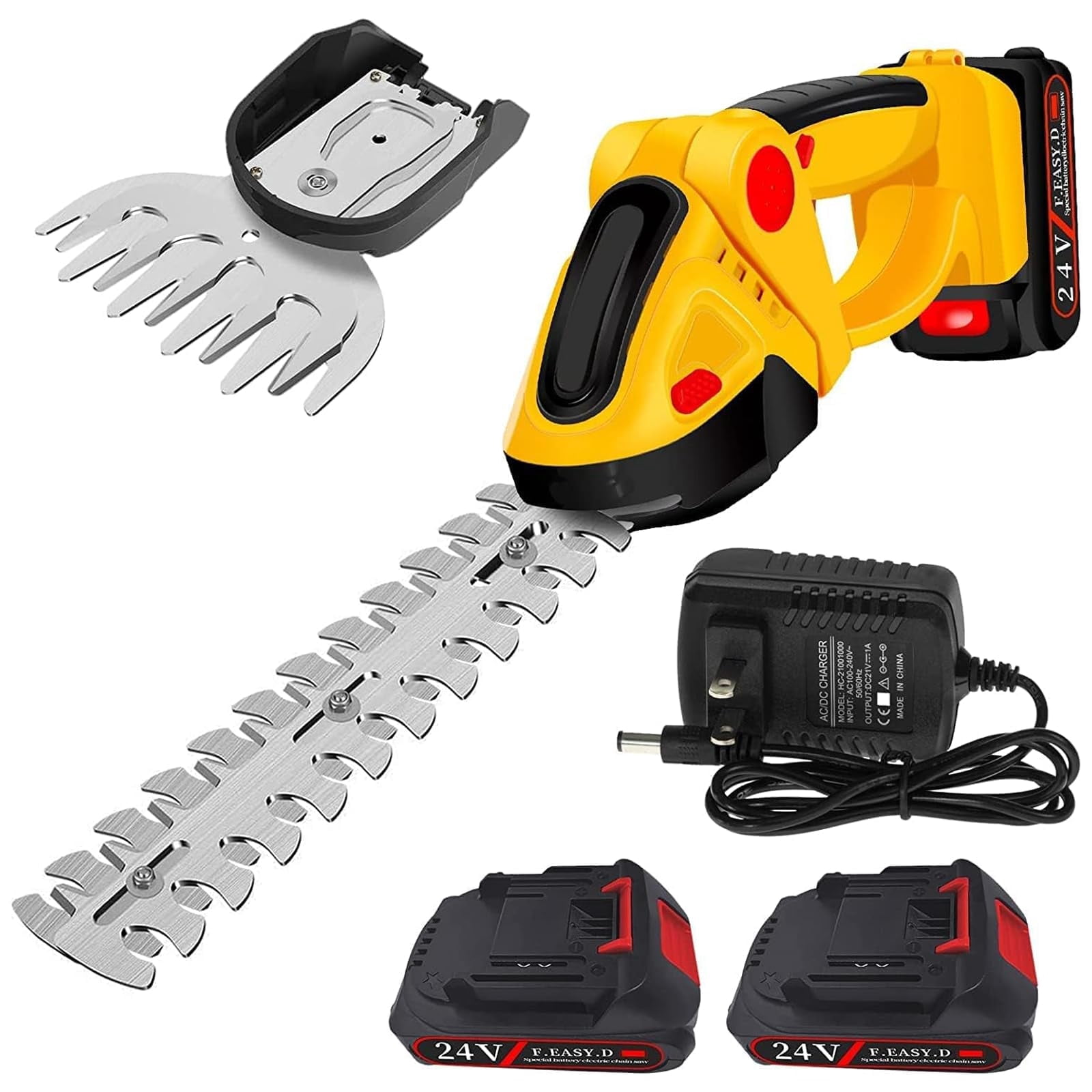 Cordless Hedge Trimmer, 2 in 1 Handheld Electric Grass Trimmer, 2x24V Li-Ion Batteries and Charger for Shrubs Garden Lawn and Trimming