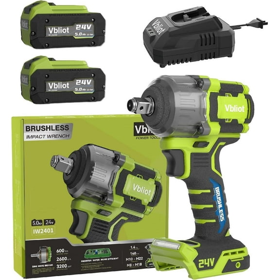 VBLIOT 24V Cordless Impact Wrench, 450Ft-lbs(600N.m) Brushless Electric Wrench Kit with 3-Mode speed, Fast Charger and 25Ah Li-Ion Battery,Power Cmpact Driver with LED Light for Car Truck
