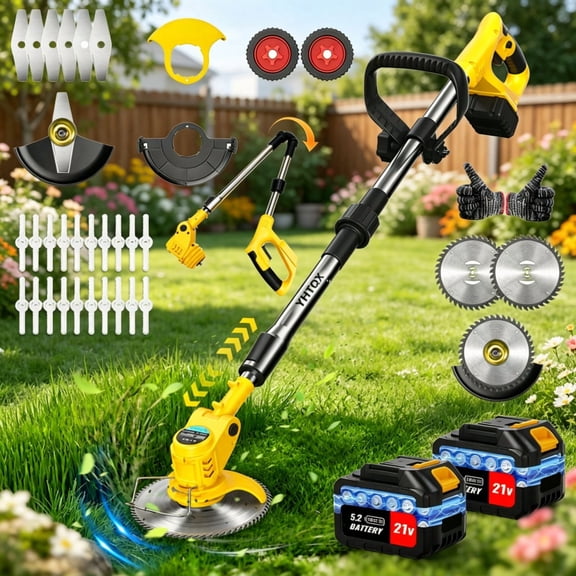 24V Cordless Lawn Trimmer: Features a 200W pure copper motor delivering 11,000 RPM. Includes two 2.0Ah batteries, a 3-blade system (plastic, stainless steel, and alloy)