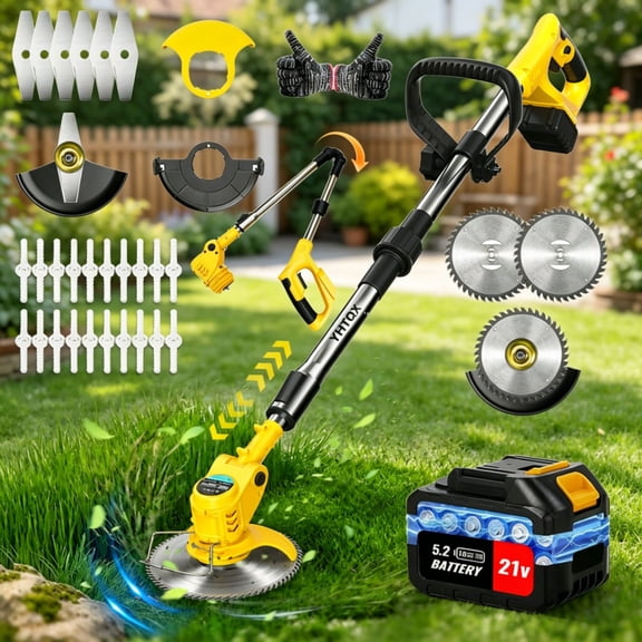 24V Cordless Lawn Trimmer: Features a 200W pure copper motor delivering 11,000 RPM. Includes two 2.0Ah batteries, a 3-blade system (plastic, stainless steel, and alloy)