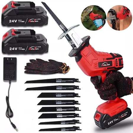 24V Cordless Reciprocating Saw with 2 Batteries, Charger & 8 Blades - Cuts Wood/Metal/PVC Pipe
