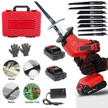 24V Cordless Saber Reciprocating Saw for Wood & Metal Cutting, Variable Speed,8 Saw Tool-Free Blade Change，Red