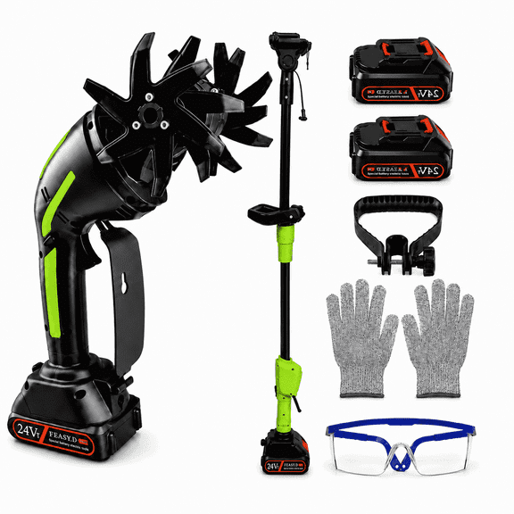 Aquavolt 24V Electric Cordless Tiller Cultivator, 4 in Electric Garden Tiller with 2 Batteries