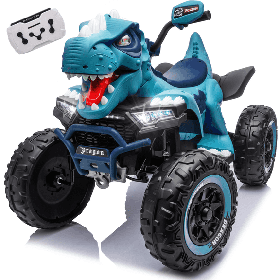 24V Dinosaur Ride on Toy, 2-Seater Powered Ride on Car w/Remote Control, Electric Kids ATV with 4-Wheel Suspension, Bluetooth, Music, Cool Lights, Gift for Boys Girls Aged 3-8 - Blue