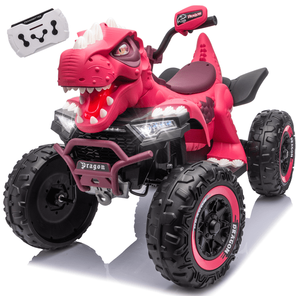 24V Dinosaur Ride on Toy, 2-Seater Powered Ride on Car w/Remote Control, Electric Kids ATV with 4-Wheel Suspension, Bluetooth, Music, Cool Lights, Gift for Boys Girls Aged 3-8 - Pink