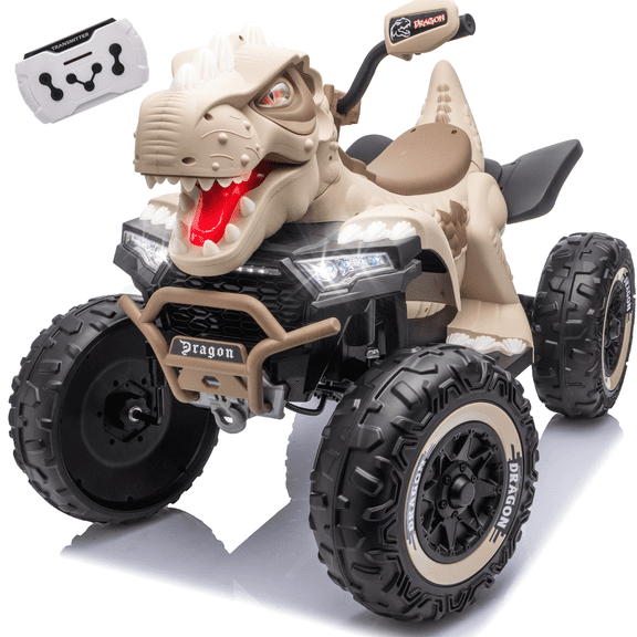 24V Dinosaur Ride on Toy, 2-Seater Powered Ride on Car w/Remote Control, Electric Kids ATV with 4-Wheel Suspension, Bluetooth, Music, Cool Lights, Gift for Boys Girls Aged 3-8 - Khaki