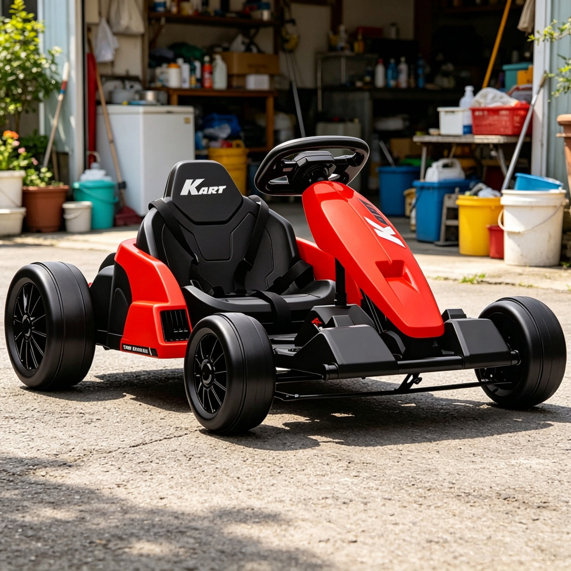 24V Electric Go Kart, Dual 150W Motors, Adjustable Seat, 11.2MPH High Speed, Slow Start, 5-Point Safety Harness, Red