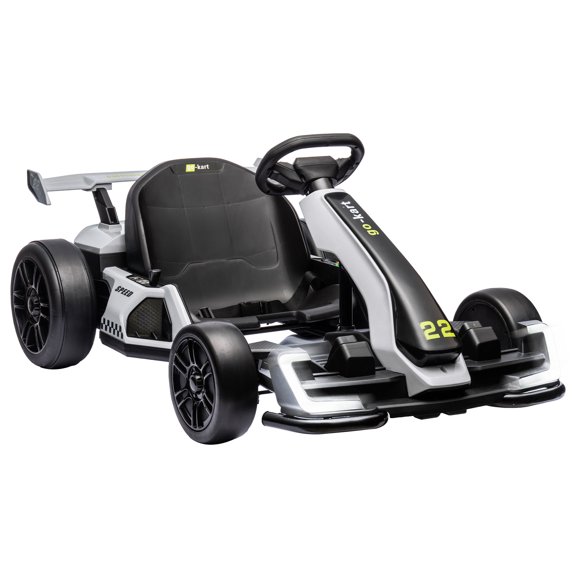 24V Electric Go Kart for Kids, 300W Dual Drive Battery Powered Ride On with Adjustable Seat Speed Modes LED Lights Music