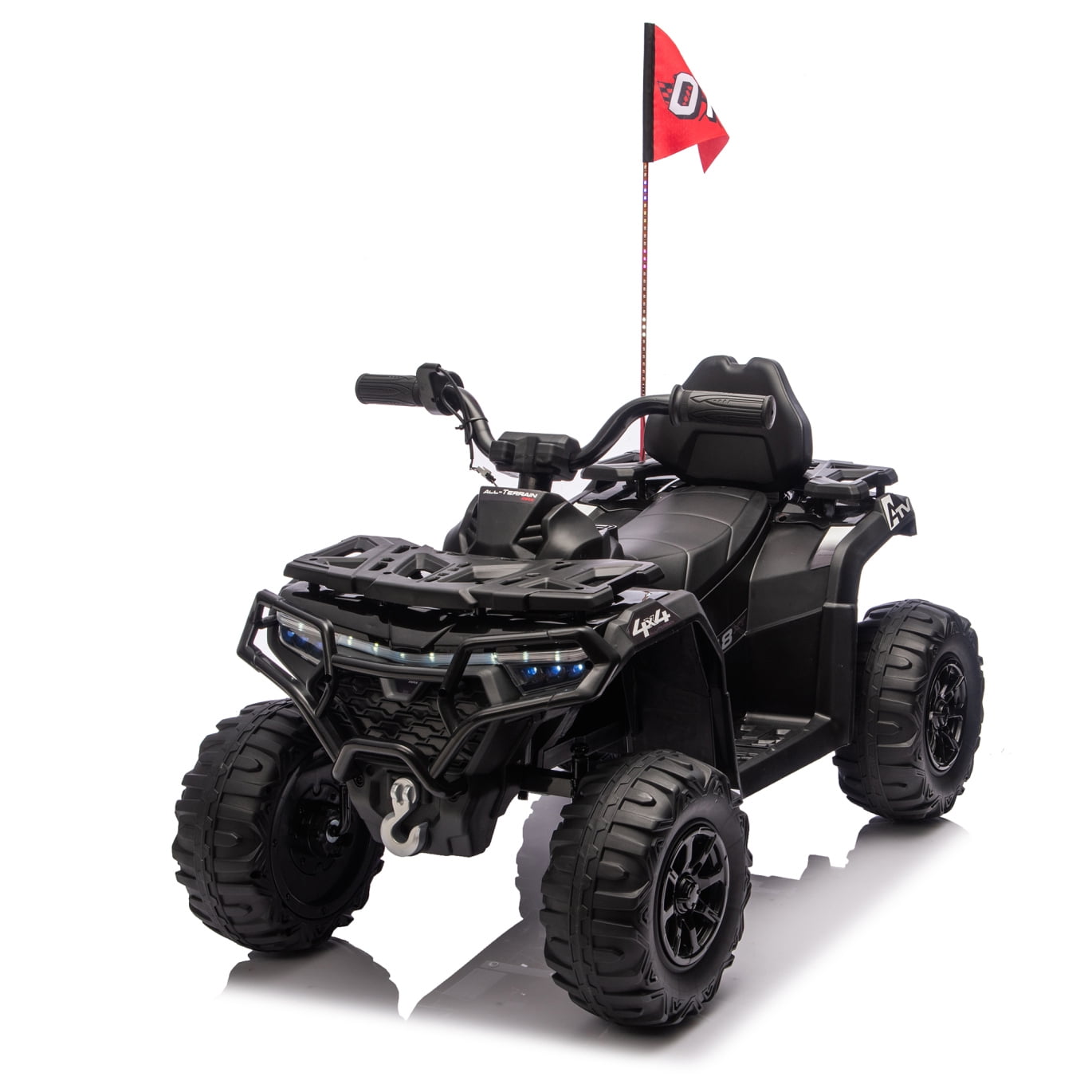 24V Electric Ride-On ATV, 2WD Electric 4-Wheeler with Decorative Flags, Built-in Music, USB Port, Electric Ride On Car for Kids 3-6, Black