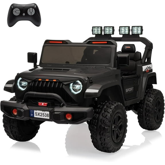 24V Electric Ride-On Car, 4WD 2-Seater with 20.5in Extendable Body, 13in Anti-Slip Tires, LED Lights, Music, Parental Remote Control, Black