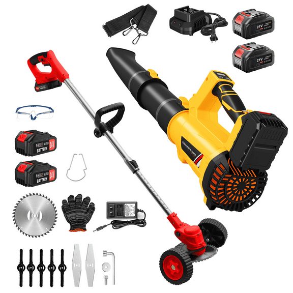 24V Electric Weed Eaters with Weels and Leaf Blower Cordless Combo Kit, Adjustable Grass Trimmer & 280MPH Electric Blower, with Battery and Charger