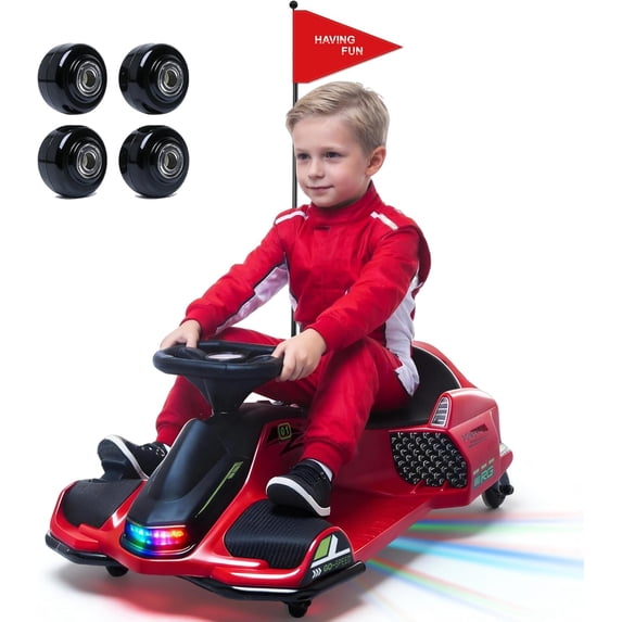 24V Electric Wiggle Car, NEORIVER 360° Rotating Ride on Drift Car – 180W Brushless Motor, High/Low Speed 3-8 mph, Lights, Music, Bluetooth, USB, Replacement Wheels, Go Cart Toy for Kids