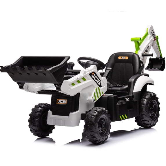 24V JCB Ride on Excavator Toy, 3 in 1 Ride on Tractor Truck with Remote Control, Powered Ride on Bulldozer Kids Electric Vehicles with Front Loader Bulldozer, Digger, Adjustable Seat, Green+White