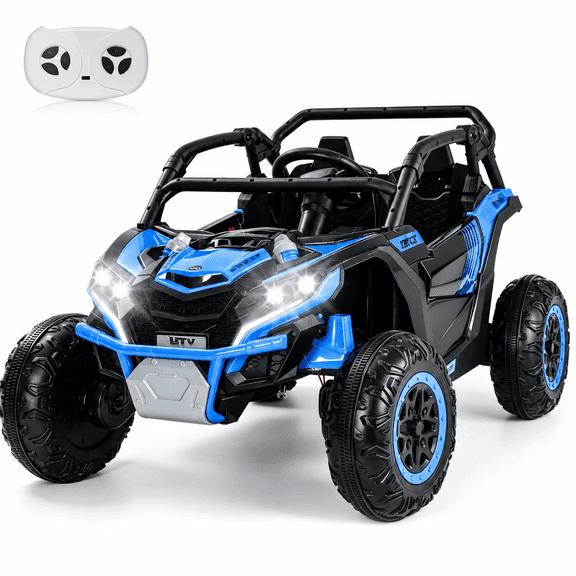 24V Kids Ride On Car UTV, 4WD Remote Control Ride on Toys Electric Car for Ages 3-8, LED Lights, Spring Suspension, 3 Speeds, Music, Blue