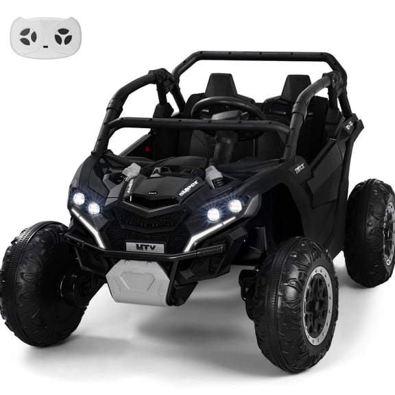 24V Kids Ride On Car UTV, 4WD Remote Control Ride on Toys Electric Car for Ages 3-8, LED Lights, Spring Suspension, 3 Speeds, Music, Black