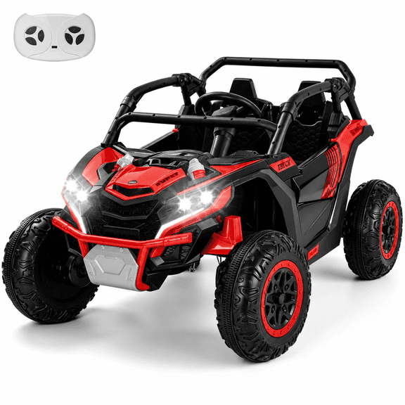24V Kids Ride On Car UTV, 4WD Remote Control Ride on Toys Electric Car for Ages 3-8, LED Lights, Spring Suspension, 3 Speeds, Music, Red