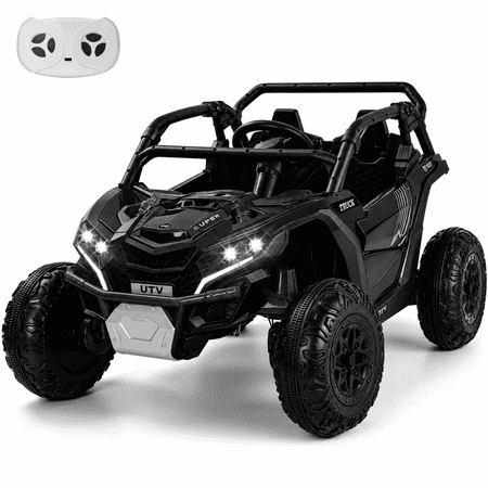 24V Kids Ride On Car UTV, 4WD Remote Control Ride on Toys Electric Car for Ages 3-8, LED Lights, Spring Suspension, 3 Speeds, Music, Black