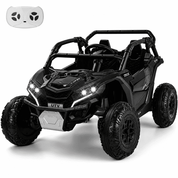 24V Kids Ride On Car UTV, 4WD Remote Control Ride on Toys Electric Car for Ages 3-8, LED Lights, Spring Suspension, 3 Speeds, Music, Black