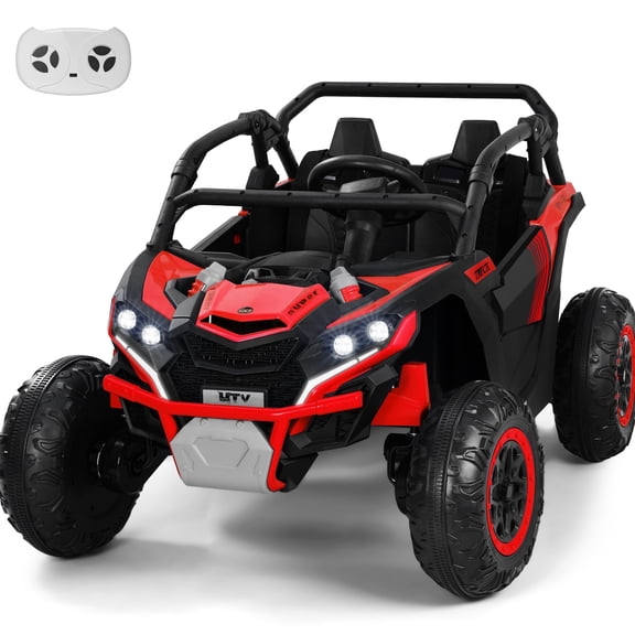 24V Kids Ride On Car UTV, 4WD Remote Control Ride on Toys Electric Car for Ages 3-8, LED Lights, Spring Suspension, 3 Speeds, Music, Red