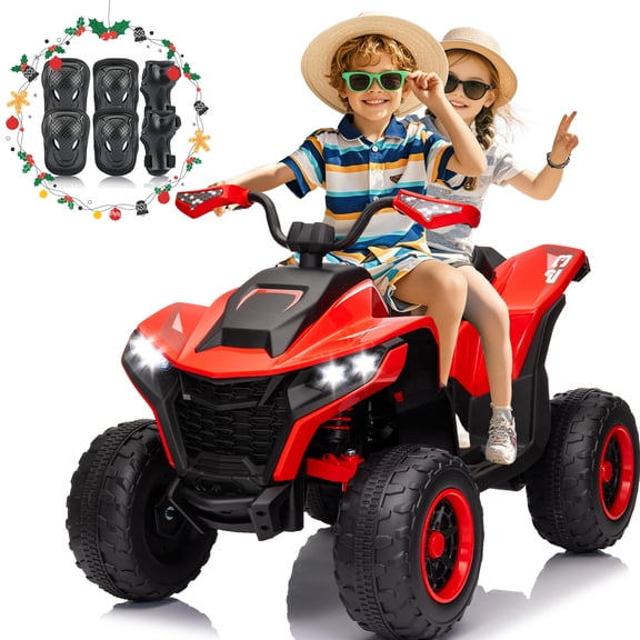 Kids ATV 4 Wheeler, 24V 2 Seater Electric ATV Quad w/4WD Motor, Protective Gear Set, Bluetooth, LED Lights, Spring Suspension, Battery Powered Ride on Toys for Big Kids, Boys, Girls, Christmas, Red