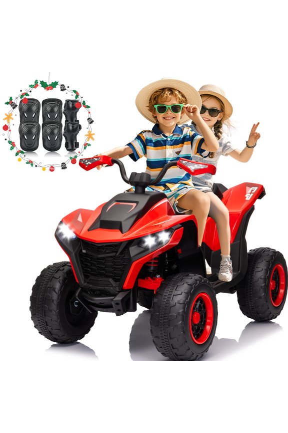 Kids ATV 4 Wheeler, 24V 2 Seater Electric ATV Quad w/4WD Motor, Protective Gear Set, Bluetooth, LED Lights, Spring Suspension, Battery Powered Ride on Toys for Big Kids, Boys, Girls, Christmas, Red