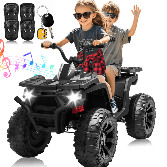 24V Kids ATV 4 Wheeler, 2 Seater Ride on Toy for Big Kids with 400W Motor, 9AH Battery Powered, Protective Gear Set, Bluetooth Music, LED Lights, Spring Suspension, Electric Quad for Boys&Girls,Black