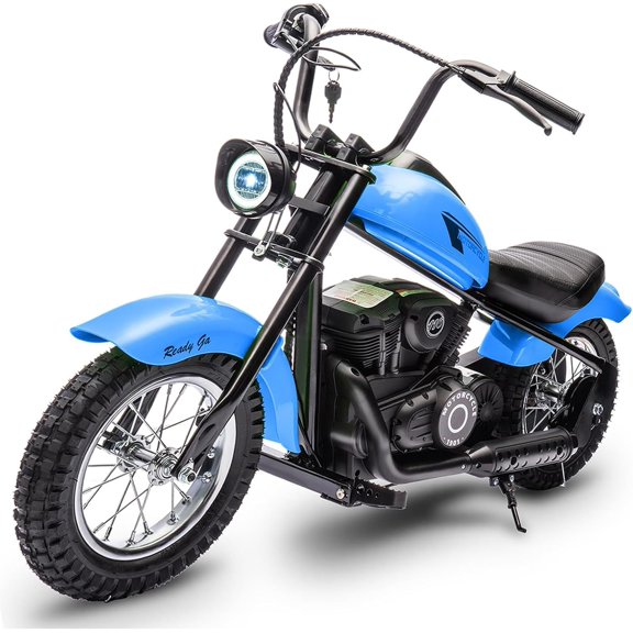 24V Kids Electric Dirt Bike with 2 Speeds up to 14 MPH, LED Lights, Hand Brake & Leather Seat – Off-Road Ride-On Motorcycle for Boys & Girls, Max Weight 150 lbs, Blue