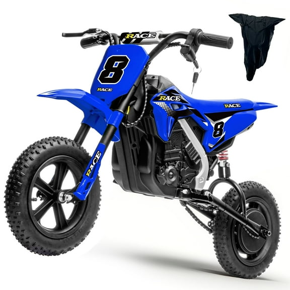24V Kids Electric Dirt Bike - 250W Electric Motorcycle, 11 Mph Max Speed Electric Mini Dirt Bike with Music, 10 Miles Range, Twist Grip Throttle, Metal Suspension, Rubber Tire (Blue, with Cover)