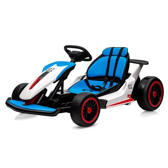 24V Kids Electric Go Kart, Ride On Drift Kart with Dual 200W Motors, 8.1 MPH Max Speed, 24V 7Ah Battery, Adjustable Seat, LED Lights, Ages 6-12, Blue and White