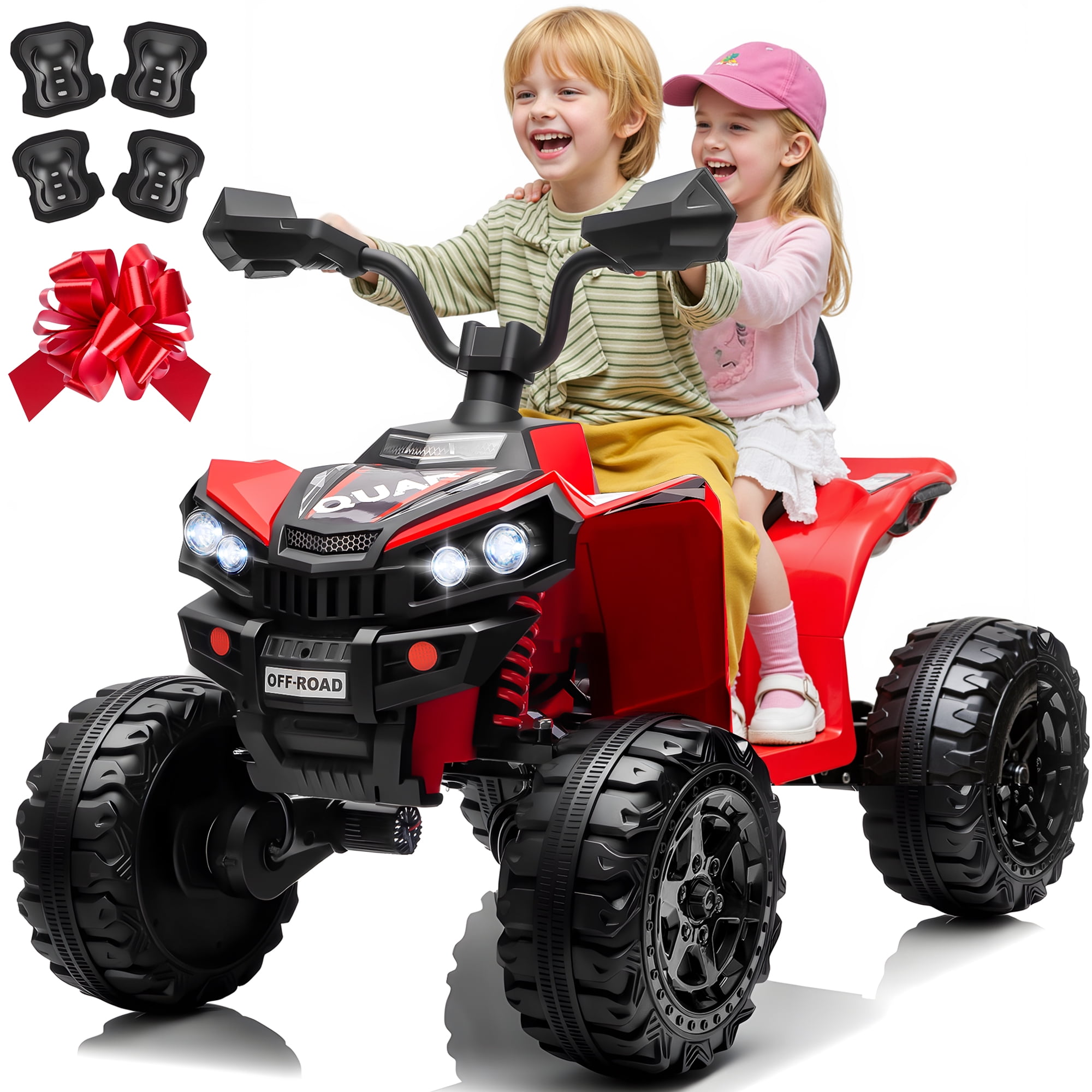 24V Kids Ride On ATV for Ages 3-8, 4WD Electric Quad with 4 Motors, Bluetooth Music, LED Lights, Spring Suspension, 3-5 km/h, 110 lbs Capacity, Battery Powered Toy for Boys Girls, Red