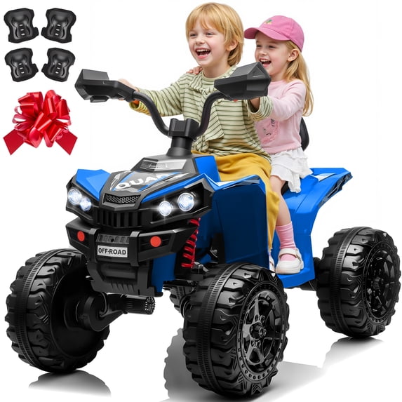 24V Kids Ride On ATV for Ages 3-8, 4WD Electric Quad with 4 Motors, Bluetooth Music, LED Lights, Spring Suspension, 3-5 km/h, 110 lbs Capacity, Battery Powered Toy for Boys Girls, Blue
