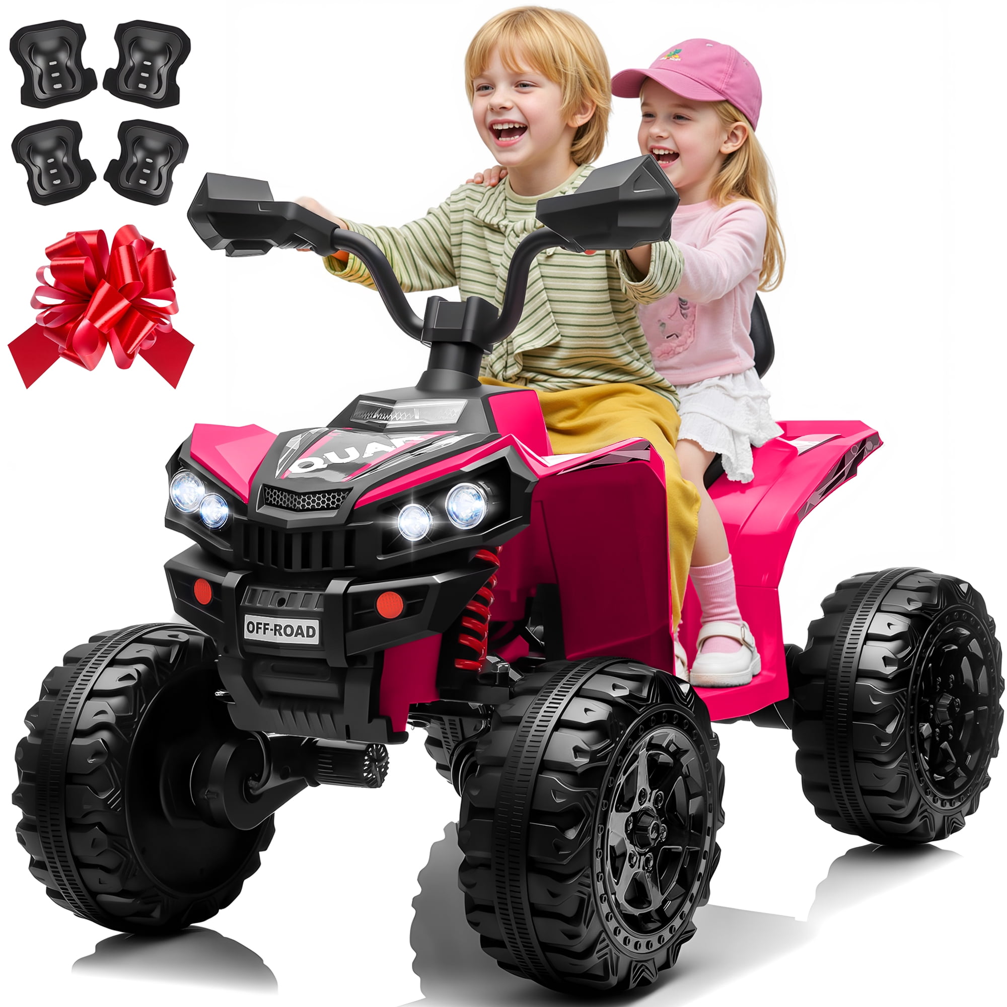 24V Kids Ride On ATV for Ages 3-8, 4WD Electric Quad with 4 Motors, Bluetooth Music, LED Lights, Spring Suspension, 3-5 km/h, 110 lbs Capacity, Battery Powered Toy for Boys Girls, Pink