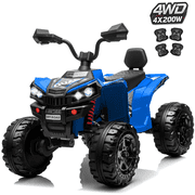24V 2 Seater Kids ATV, 4WD Ride on Quad for Ages 3-8, 4x200W Motors, Independent Suspension, LED Lights, Bluetooth Music, 110 lbs Capacity, Blue