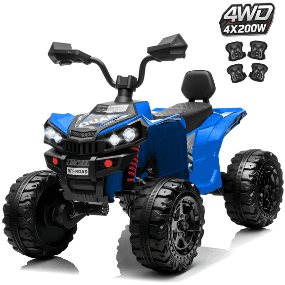 24V 2 Seater Kids ATV, 4WD Ride on Quad for Ages 3-8, 4x200W Motors, Independent Suspension, LED Lights, Bluetooth Music, 110 lbs Capacity, Blue