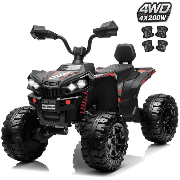 Joyracer 4WD Kids ATV for Ages 3-8, 24 Volt 4 Wheeler for Kids with Spring Suspension, Ride-on Quad with Bluetooth Music, LED Lights, Knee Pads, Black