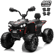 Joyracer 4WD Kids ATV for Ages 3-8, 24 Volt 4 Wheeler for Kids with Spring Suspension, Ride-on Quad with Bluetooth Music, LED Lights, Knee Pads, Black