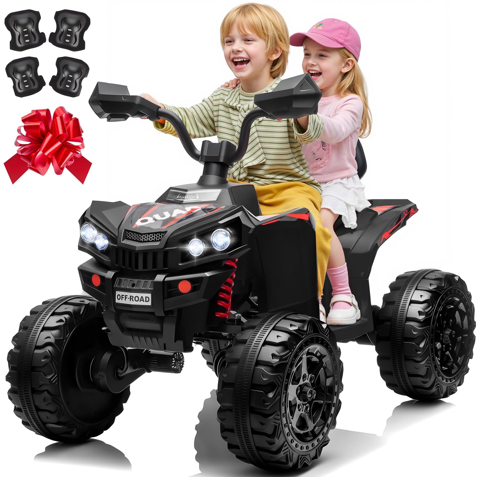 24V Kids Ride On ATV for Ages 3-8, 4WD Electric Quad with 4 Motors, Bluetooth Music, LED Lights, Spring Suspension, 3-5 km/h, 110 lbs Capacity, Battery Powered Toy for Boys Girls, Black