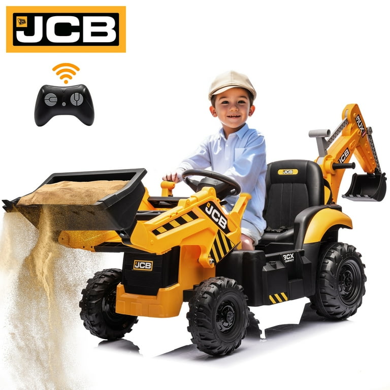 24V Kids Ride on Excavator Digger Toy Cars JCB Powered Ride on Backhoe Construction Toy with Shovel Electric Tractor Car with Remote Control Adjustable Front and Back Loader for 3 6 Boys Girls