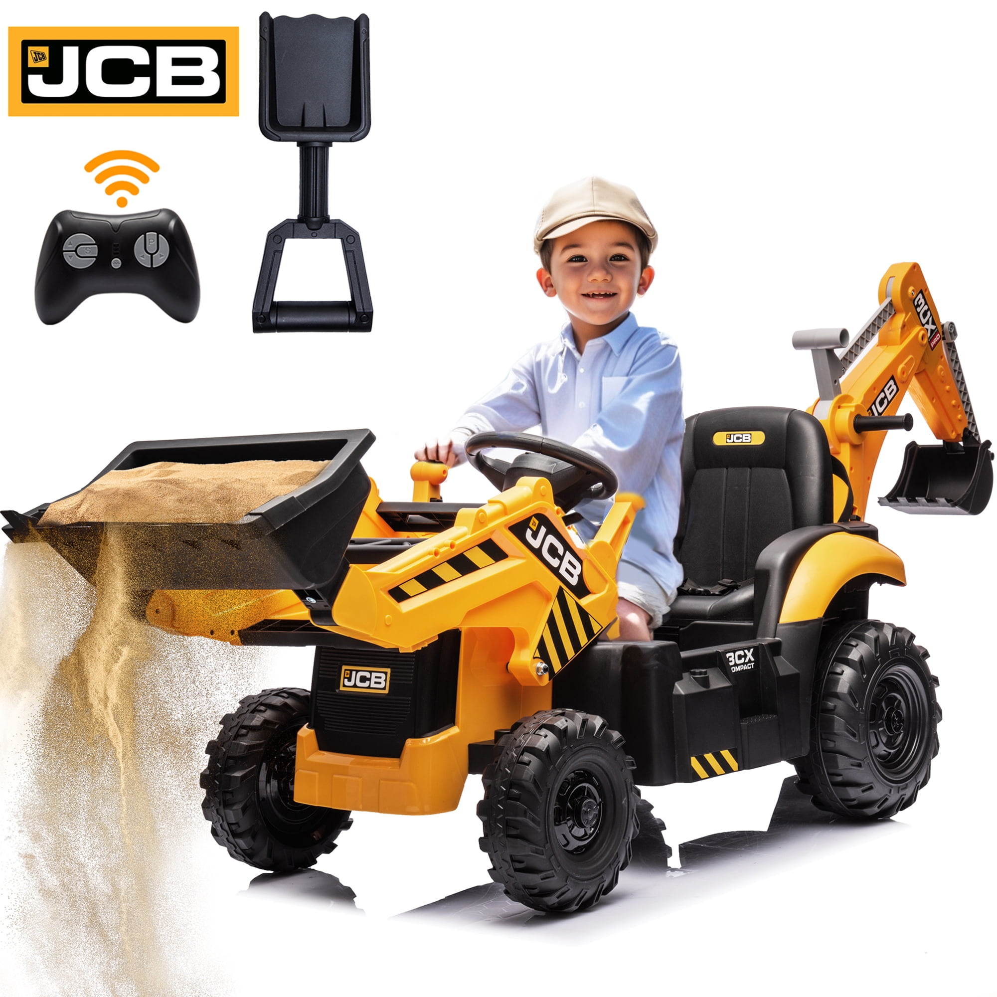 iYofe 24V JCB Ride on Excavator Toy, 3-in-1 Battery Powered Electric Tractor Car with Reversible Seat, Remote Control & Bluetooth, Backhoe for Kids 3-6, Yellow