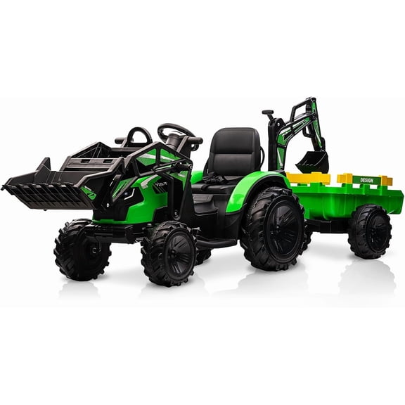 24V Kids Ride-On 2-Seat Transformable 3-in-1 Excavator/Bulldozer w/ Trailer RC EVA Tires LED Music+USB Green